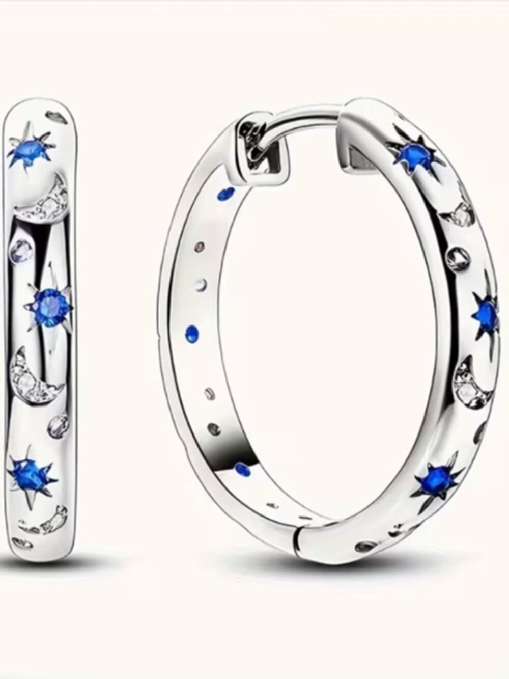 DESIGNER Moon & Starburst Silver Inlaid Clear + Blue Crystal Hoop Earrings**NEW!